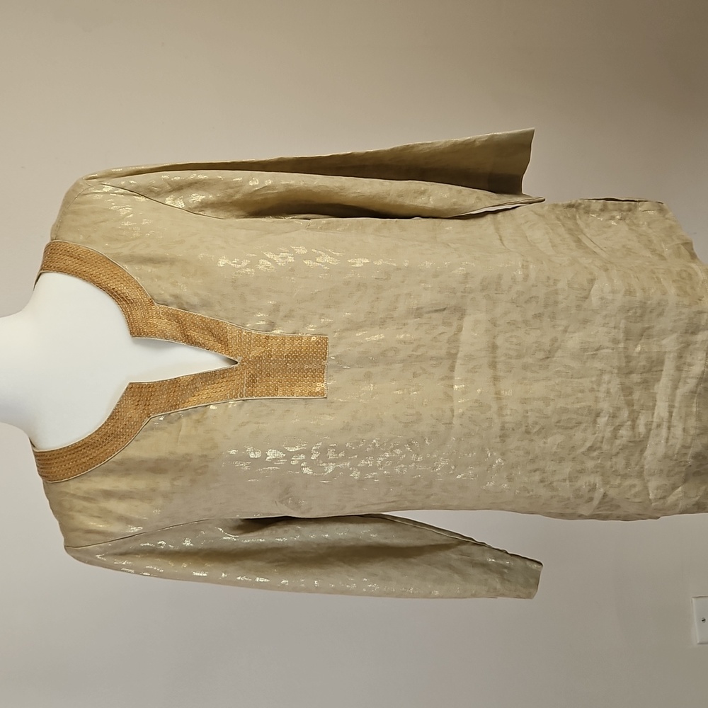 100% Linen Tunic Top V Sequin Neck Gold Tonal Mettalic Print Boho 12